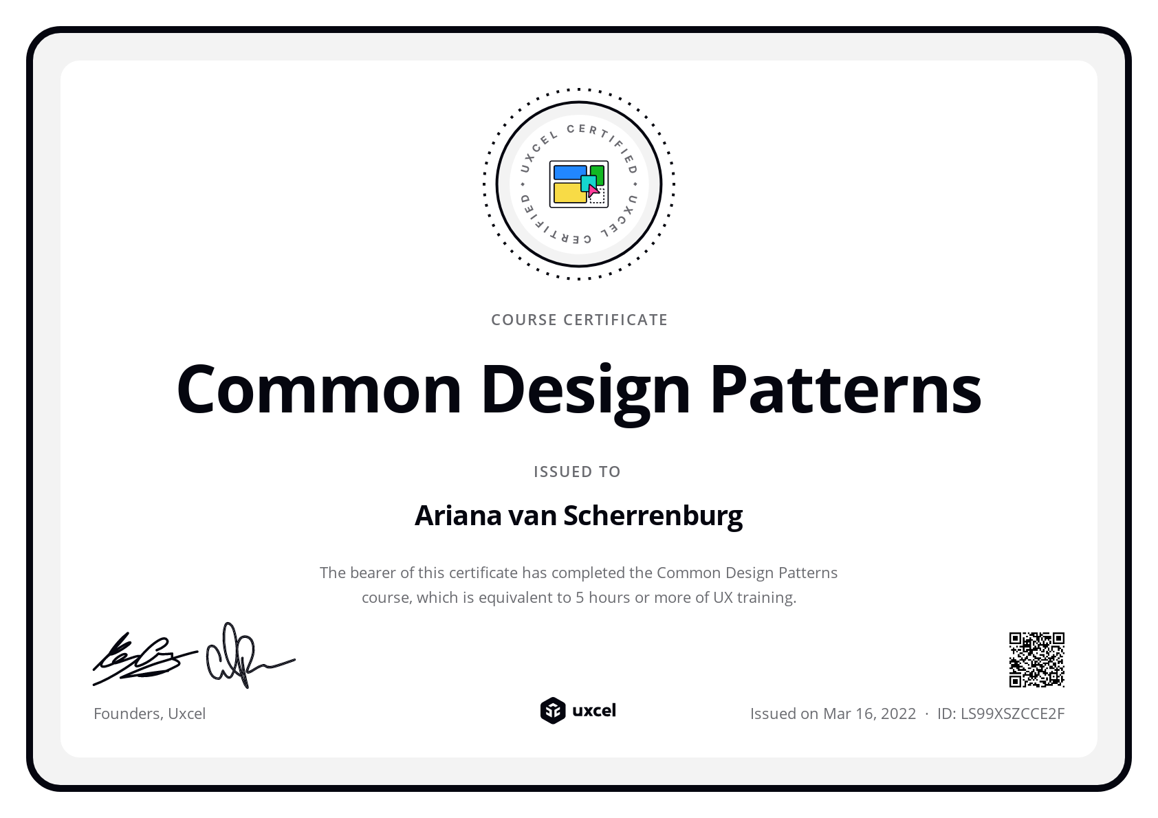 Ariana van Scherrenburg's certificate